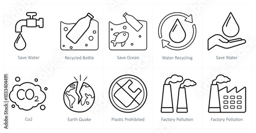 A set of 10 Ecology icons as save water, recycled bottle, save ocean