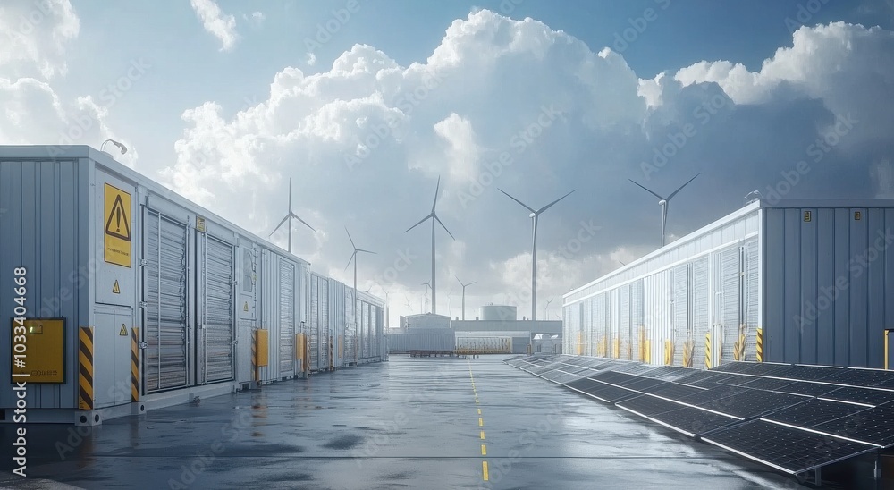 Solar panels and wind turbines in an industrial area with cloudy skies, representing clean energy solutions for sustainable power and environmental conservation efforts Solar panels and wind turbines in an industrial area with cloudy skies, representing clean energy solutions for sustainable power and environmental conservation efforts