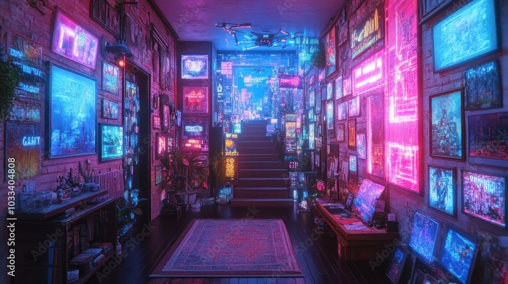 A vibrant hallway adorned with neon artwork and glowing screens. A vibrant hallway adorned with neon artwork and glowing screens.
