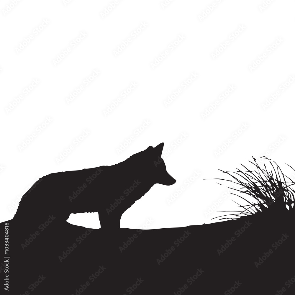 Silhouette of a lone wolf against a stark white background with grass. Silhouette of a lone wolf against a stark white background with grass.