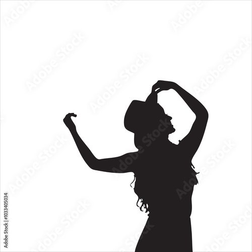 Silhouette of a female with a hat against a white background, arms gracefully raised.