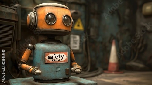 Safety First: A weathered, blue and orange robot, adorned with a "Safety First" sticker, stands in a gritty, industrial setting, its large, curious eyes peering out from beneath a pair of headphones.