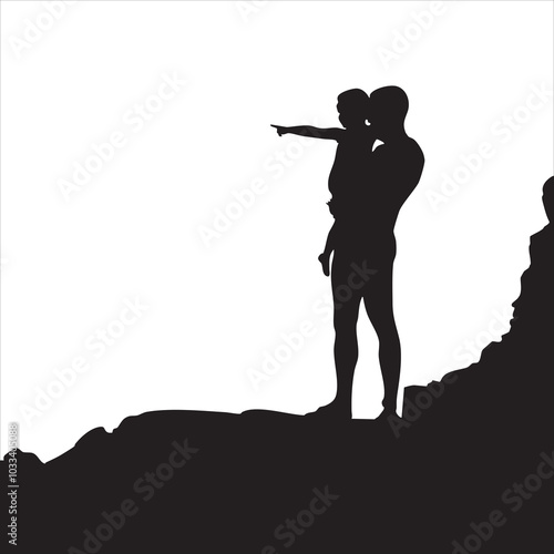 Silhouette of a man holding a child on a rocky cliff, pointing at the horizon.