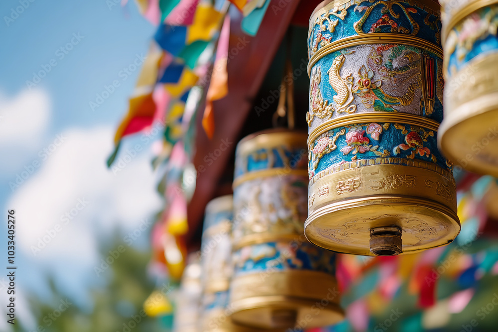 Tibetan Prayer Wheels and Vibrant Flags Under Blue Sky Tibetan Prayer Wheels and Vibrant Flags Under Blue Sky