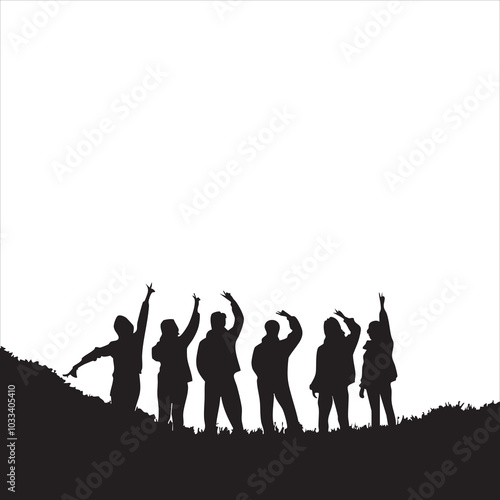 Silhouetted group of diverse friends celebrating on a hilltop under a bright sky.