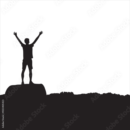 Silhouette of a man triumphantly raising his arms atop a hill against a clear sky.
