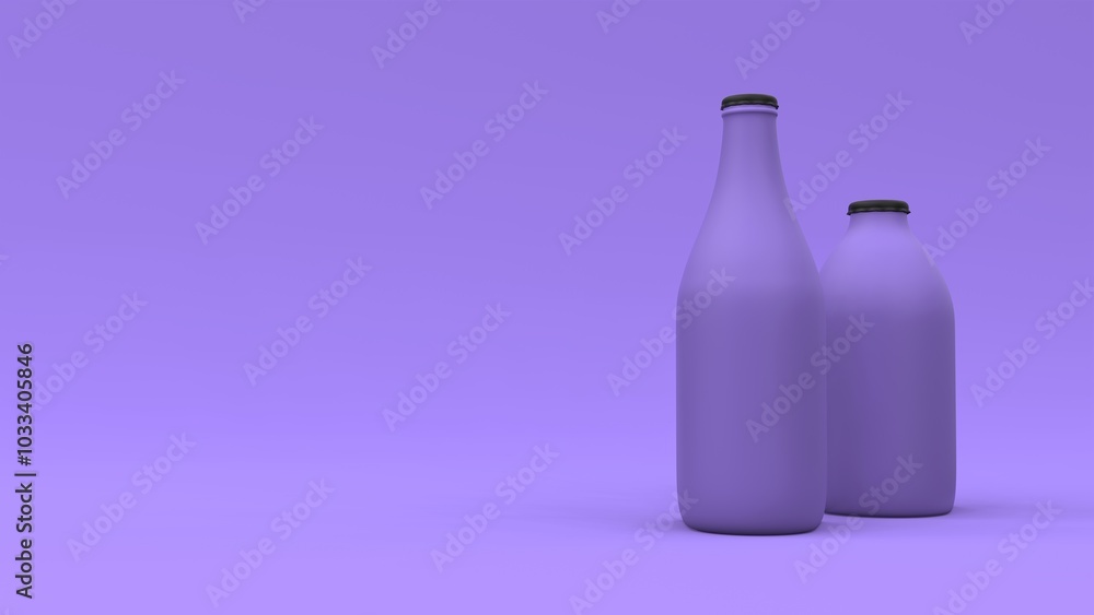 Two bottles on the purple background with floating spheres. Package design. 3d illustration. Two bottles on the purple background with floating spheres. Package design. 3d illustration.
