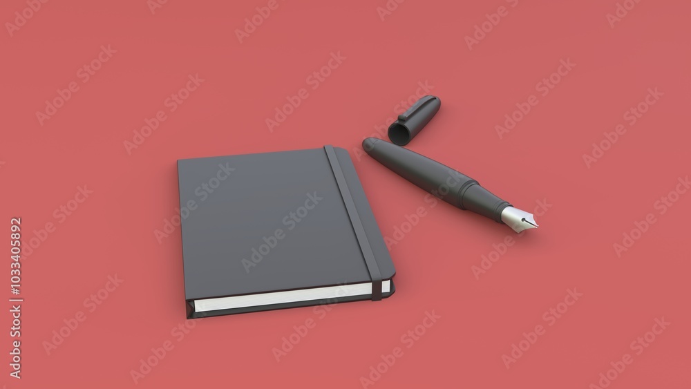 Notepad and ink pen mockup, on the red background. Mockup design. 3d illustration. Notepad and ink pen mockup, on the red background. Mockup design. 3d illustration.