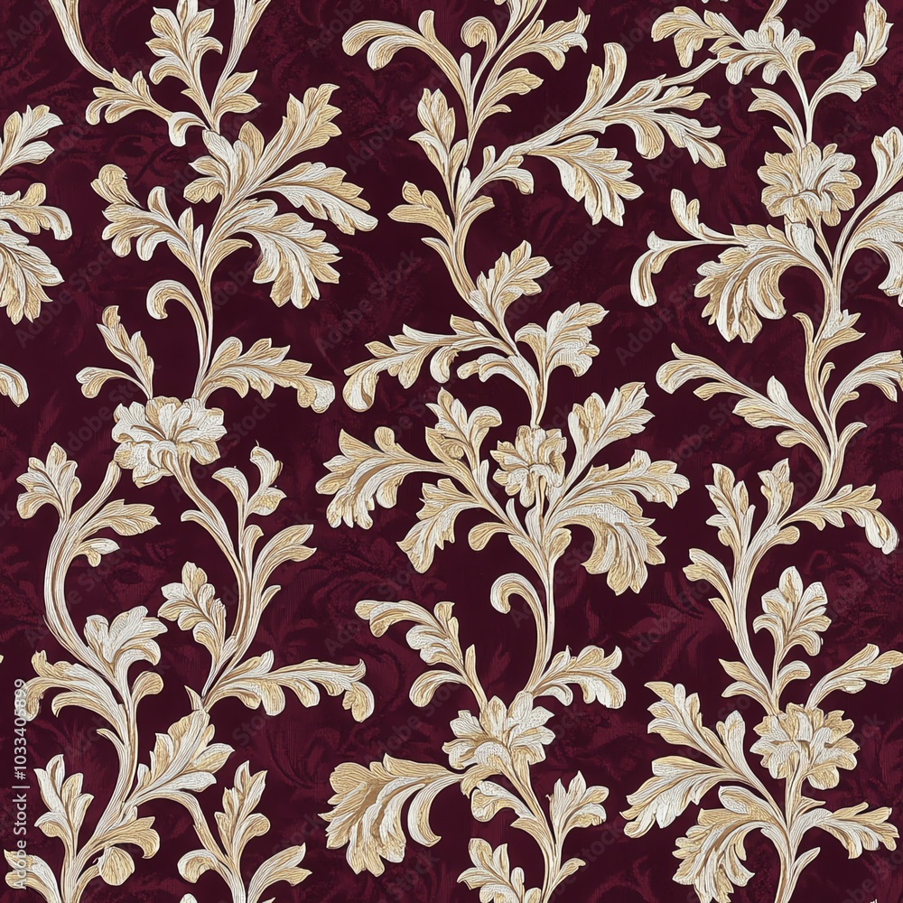 An opulent damask pattern with elaborate leaf and vine motifs, designed in muted gold and silver tones over a dark burgundy backdrop An opulent damask pattern with elaborate leaf and vine motifs, designed in muted gold and silver tones over a dark burgundy backdrop