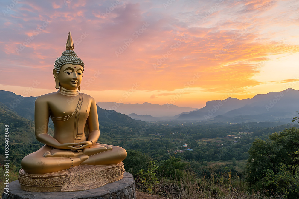 Majestic Golden Buddha Overlooking Valley at Sunset Majestic Golden Buddha Overlooking Valley at Sunset
