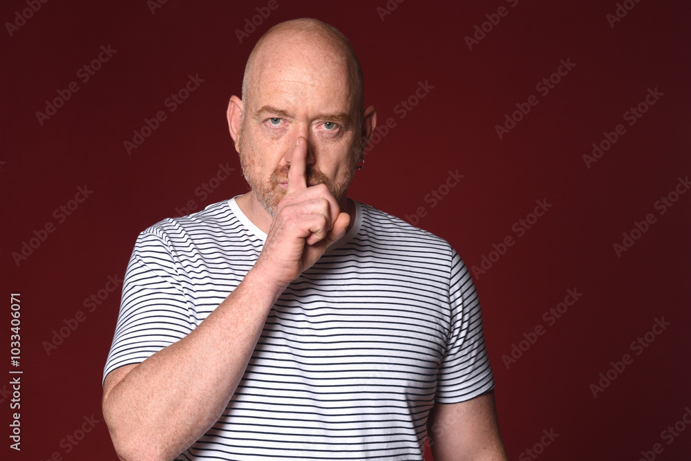 man showing silence sign with fingers on red background.. man showing silence sign with fingers on red background..