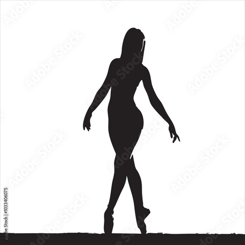 Silhouette of a female ballet dancer gracefully poised on tiptoe against a white background.