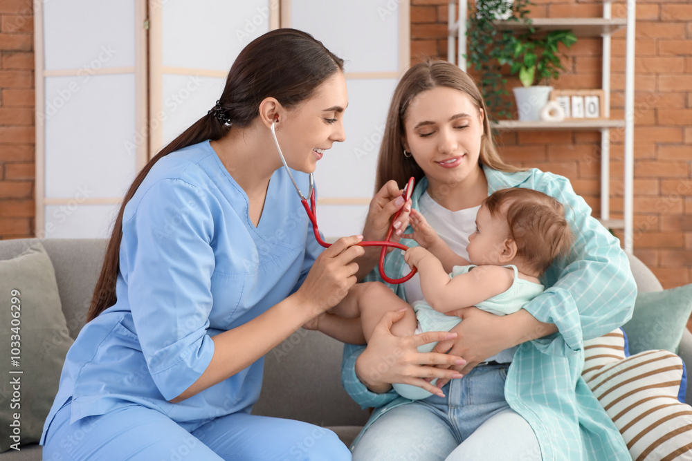 Fototapeta premium Female pediatrician with stethoscope listening to little baby and mother on sofa at home