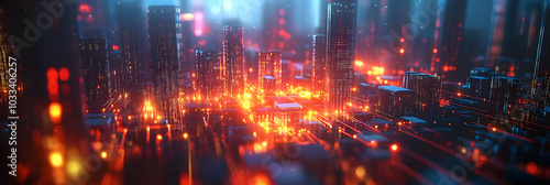 Futuristic Cityscape with Glowing Lights and Buildings at Night.