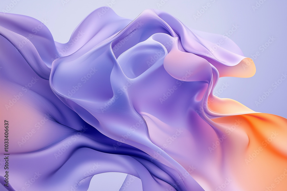 Obraz premium Abstract fluid shapes in shades of purple and blue, creating an elegant and futuristic wallpaper for mobile phone screens. The background is a gradient of soft blues with subtle hints of orange to add