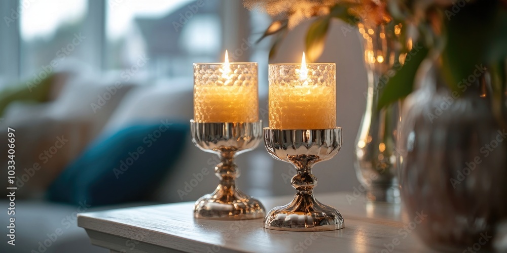 Two candle holders with candles that are lit. A detail of home decor. Selective focus. Two candle holders with candles that are lit. A detail of home decor. Selective focus.