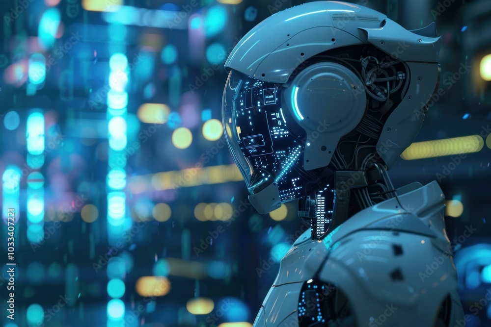 Fototapeta premium White and blue robot is looking at futuristic city data, processing and analyzing