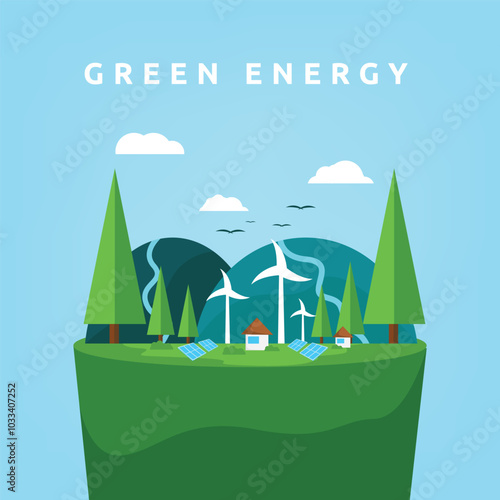 green energy land illustration, depicting a dynamic landscape filled with various renewable energy sources.