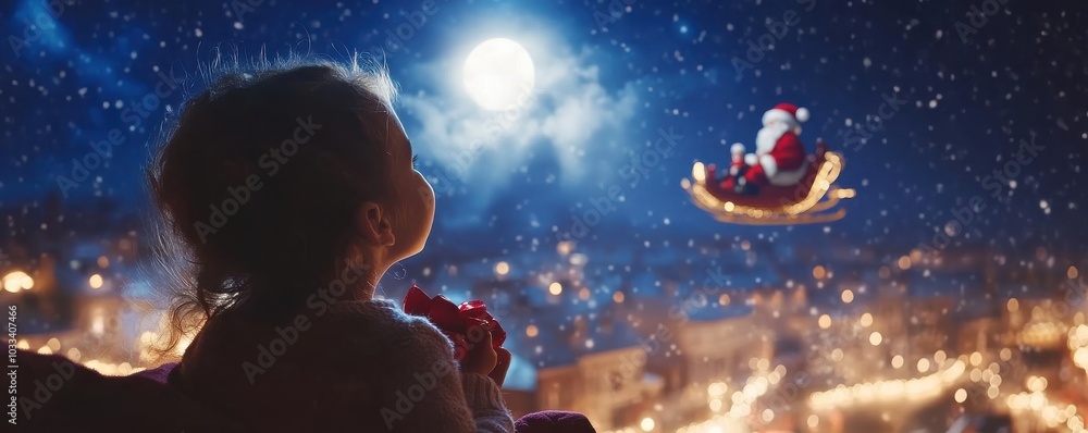 Young girl gazes at Santa Claus flying in the moonlit sky with his reindeer and sleigh during a magical Christmas night Young girl gazes at Santa Claus flying in the moonlit sky with his reindeer and sleigh during a magical Christmas night