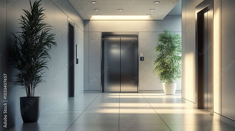A modern and minimalist office building interior with an elevator, featuring light gray tile walls A modern and minimalist office building interior with an elevator, featuring light gray tile walls