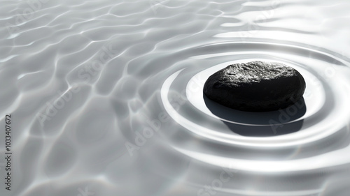 Peaceful minimalist scene of a single black stone creating ripples in a calm water surface, evoking serenity and balance in a zen-like atmosphere