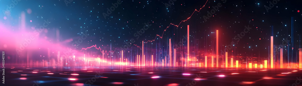 Abstract cityscape with glowing lines and bars representing data analysis and growth Abstract cityscape with glowing lines and bars representing data analysis and growth