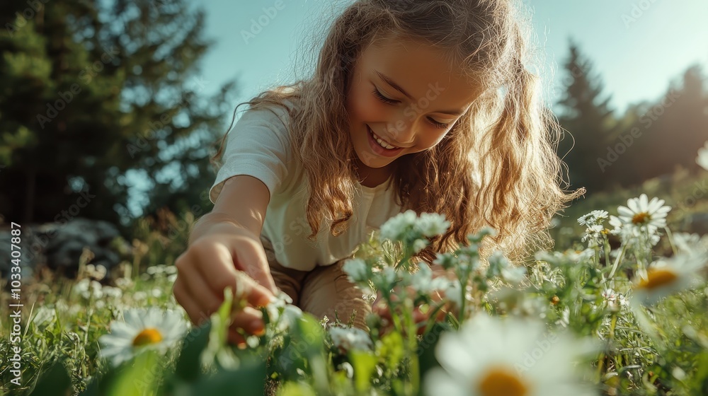 A girl gleefully picks flowers in a vibrant meadow, exuding joy and a sense of freedom, as sunlight warms the scene, emphasizing carefree childhood moments.