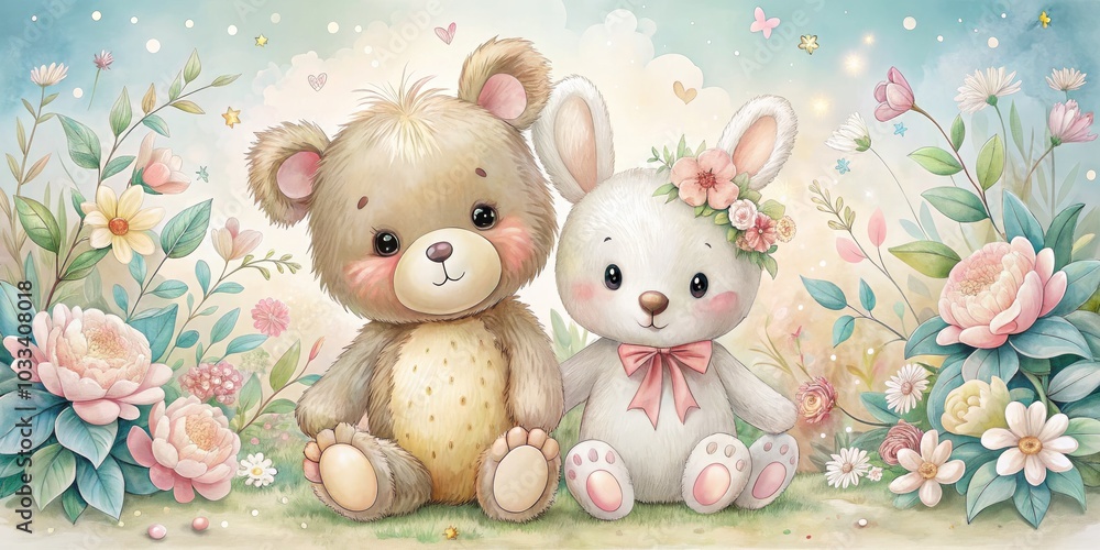 Adorable Baby Illustration of a Cute Teddy Bear and Bunny, Perfect for Children's Decor, Nursery Art, Playful Designs, Sweet Animal Companions, Whimsical Artwork, and Baby Shower Gifts Adorable Baby Illustration of a Cute Teddy Bear and Bunny, Perfect for Children's Decor, Nursery Art, Playful Designs, Sweet Animal Companions, Whimsical Artwork, and Baby Shower Gifts