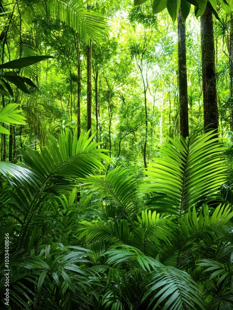 A vibrant rainforest with lush foliage, tall trees, and a serene atmosphere teeming with life and color. A vibrant rainforest with lush foliage, tall trees, and a serene atmosphere teeming with life and color.