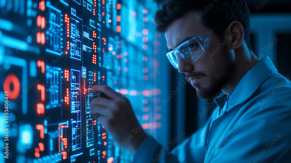 A focused technician wearing protective glasses interacts with a high-tech data interface, surrounded by glowing screens and futuristic displays. A focused technician wearing protective glasses interacts with a high-tech data interface, surrounded by glowing screens and futuristic displays.