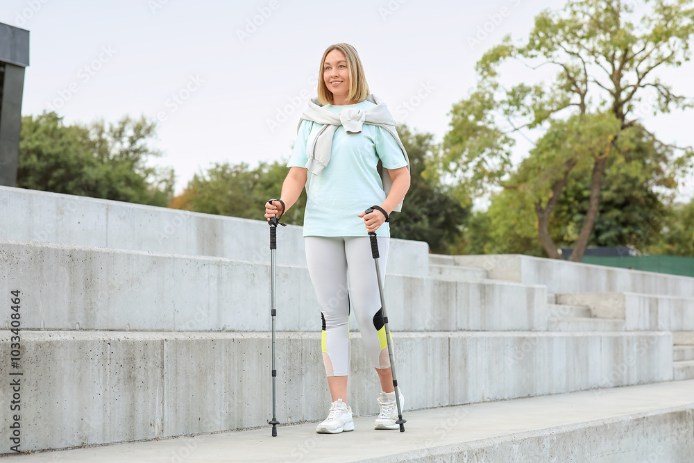 Sporty woman doing Nordic walking outdoors Sporty woman doing Nordic walking outdoors