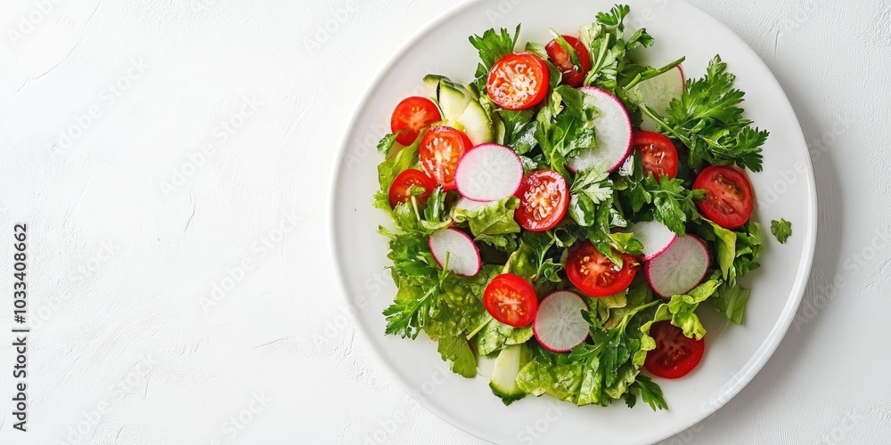 Fresh radish salad with parsley on a white background. Top view, copyspace. Spring and summer vegetable salad on a white plate. Fresh radish salad with parsley on a white background. Top view, copyspace. Spring and summer vegetable salad on a white plate.