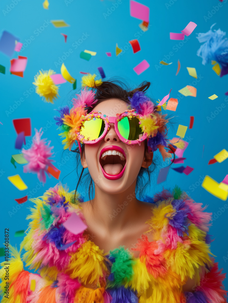 Joyful Woman in Colorful Outfit with Confetti Joyful Woman in Colorful Outfit with Confetti