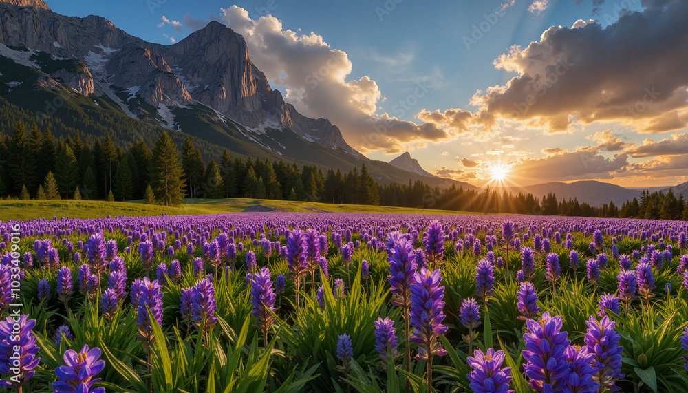 Fototapeta premium Field of purple flowers at mountain base during sunrise