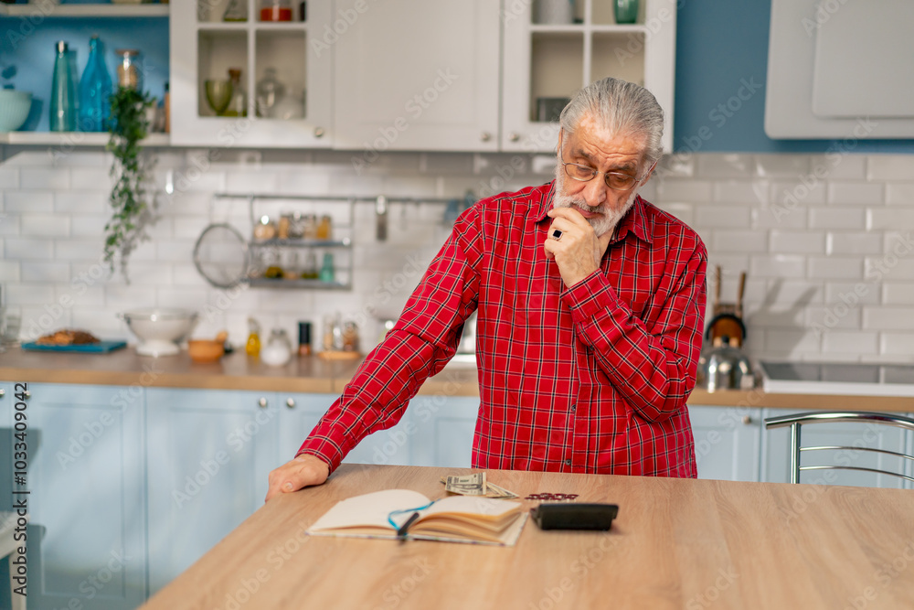 in bright kitchen an elderly man in a red shirt on the table counts his expenses monthly payment utility bills count money in bright kitchen an elderly man in a red shirt on the table counts his expenses monthly payment utility bills count money
