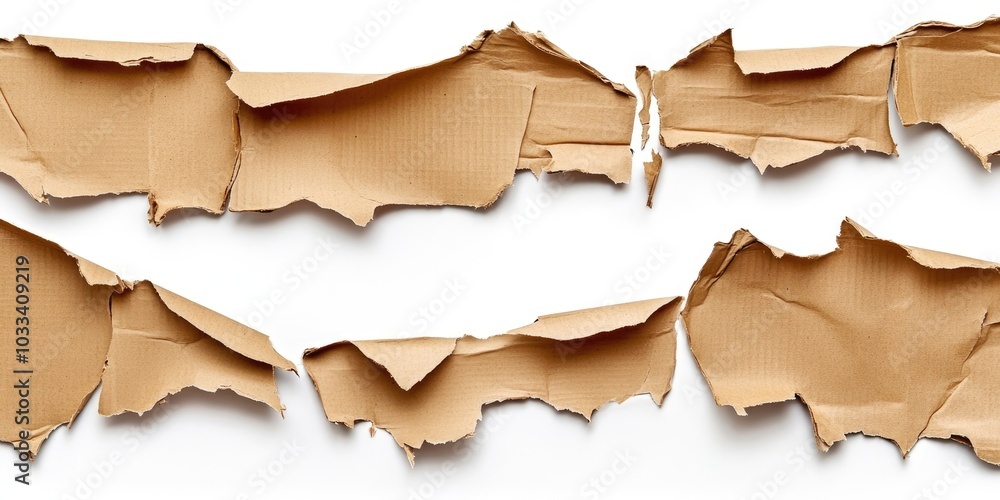 Fototapeta premium Torn edges of corrugated cardboard on a white background, abstract template backdrop.