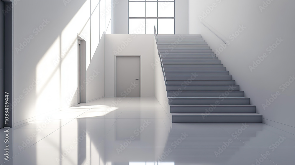 Fototapeta premium A clean, white, modern interior of an office building with a staircase, door, and window