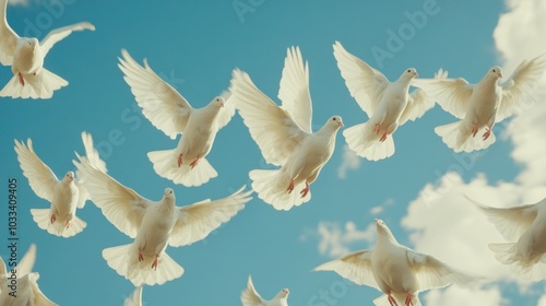 A flock of white doves in flight against a blue sky with white clouds.