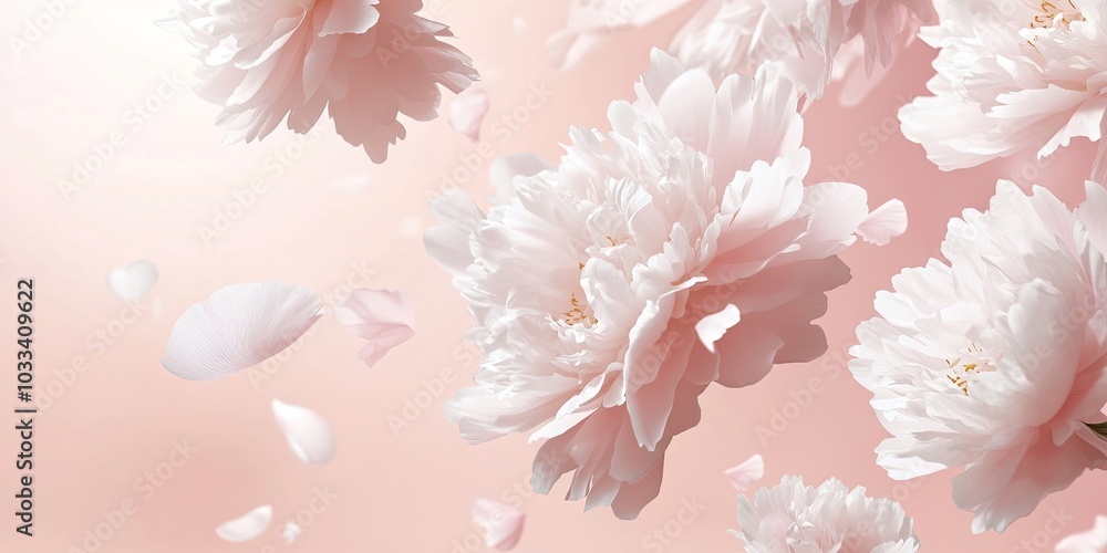 Beautiful white peony flowers and petals in flight against a light pink pastel background with copy space. A creative floral layout for spring. Spring blossom backdrop.