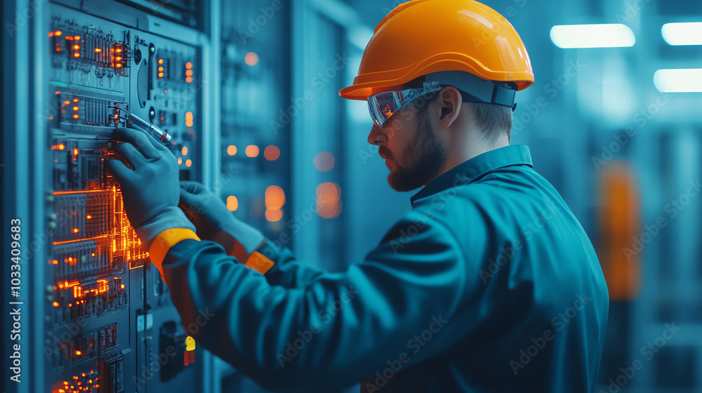A technician in a hard hat working diligently on a server panel in a data center, illuminated by glowing indicators in a modern environment. A technician in a hard hat working diligently on a server panel in a data center, illuminated by glowing indicators in a modern environment.