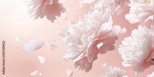 Obraz na płótnie Beautiful white peony flowers and petals in flight against a light pink pastel background with copy space. A creative floral layout for spring. Spring blossom backdrop. w salonie