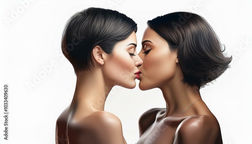 portrait of two brunette women in love with short hair, nude shoulders kissing on white background	