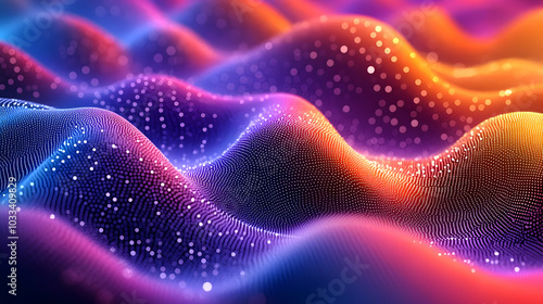 Abstract Background with Wavy Surface of Dots and Colorful Lighting