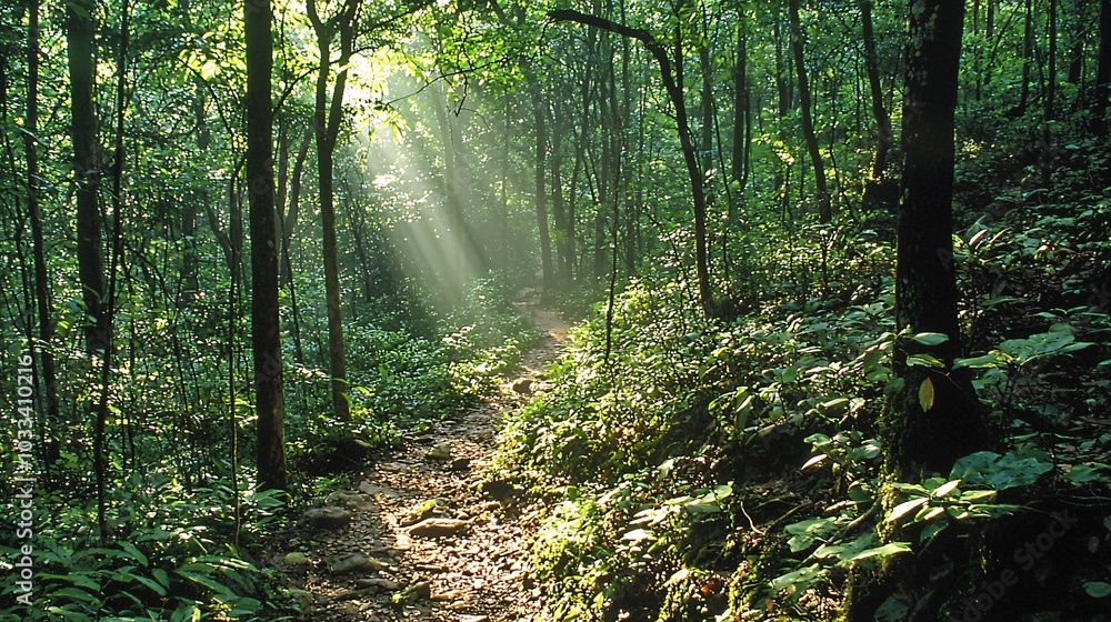 Fototapeta premium Hiker's point of view of narrow trail with sunlight filtering through trees