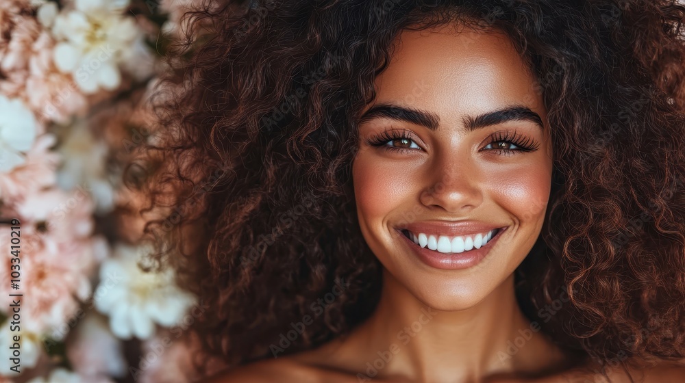 A beautiful woman with radiant smile and curly hair stands amid creamy blossoms, exuding charisma, happiness, and natural beauty in this sunny portrait. A beautiful woman with radiant smile and curly hair stands amid creamy blossoms, exuding charisma, happiness, and natural beauty in this sunny portrait.