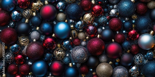 Top view of a collection of dark and vibrant Christmas ornaments for an abstract holiday season background design.