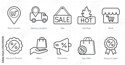 A set of 10 ecommerce icons as store locator, delivery location, sale