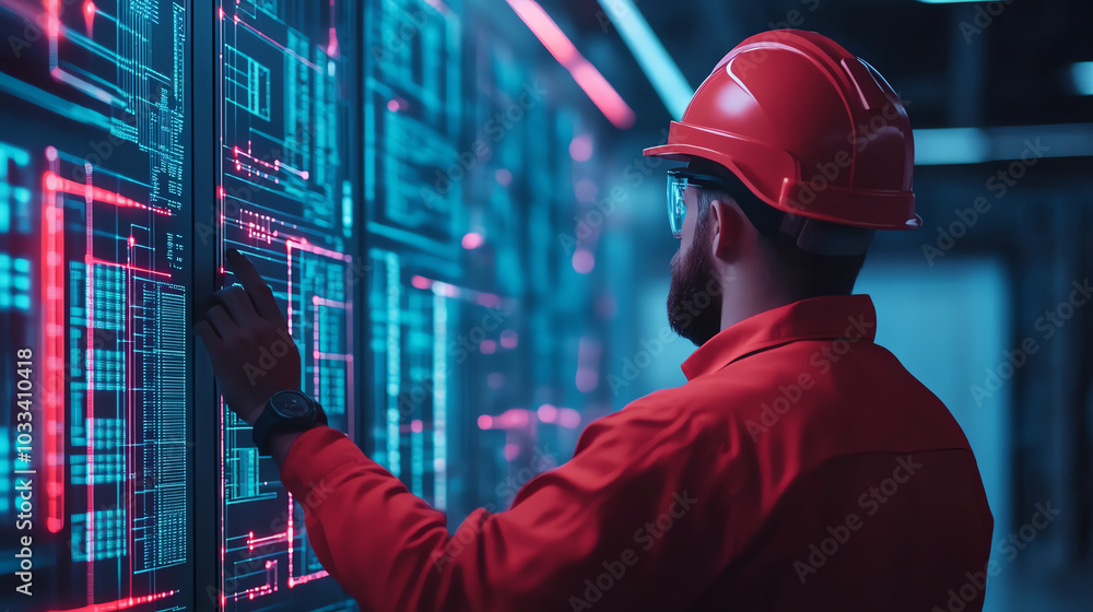 A technician wearing a helmet interacts with a digital control panel, surrounded by glowing screens displaying data in a high-tech environment. A technician wearing a helmet interacts with a digital control panel, surrounded by glowing screens displaying data in a high-tech environment.