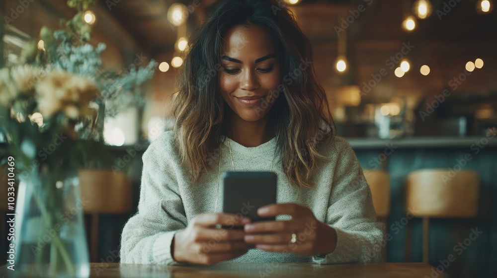 A woman sits comfortably in a warm, cozy cafe, content as she smiles while using her smartphone. The background is softly lit, enhancing the serene ambiance. A woman sits comfortably in a warm, cozy cafe, content as she smiles while using her smartphone. The background is softly lit, enhancing the serene ambiance.