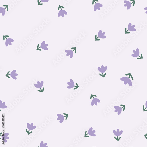 Small cute violet tulips on pastel background, seamless pattern.	
